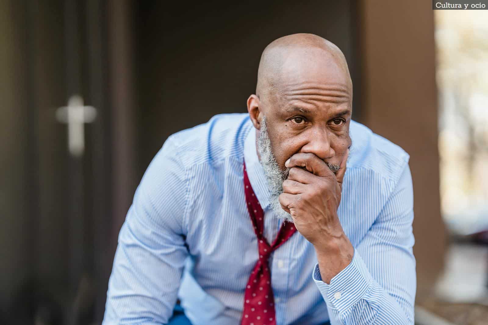 Concerned black businessman in city